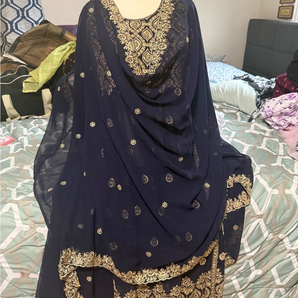 Elegant Navy Blue and Gold Embroidered Dress